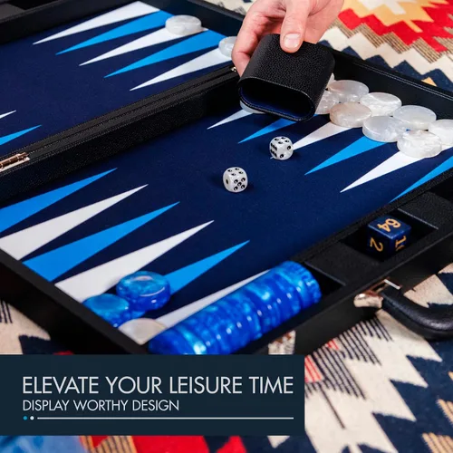 Vista 2 de Pointworks Juego de Backgammon Premium de 19 Pulgadas para Adultos de Cuero Negro - Azul. Juego de Fichas y Dados Premium de 1.6 Pulgadas, Juego