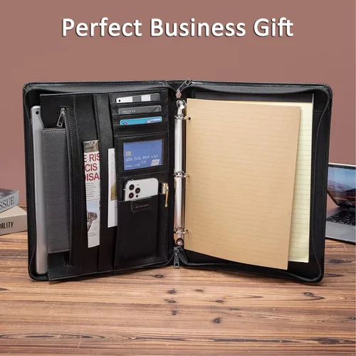 Vista 4 de Portafolio de cuero con carpeta de 3 anillas, padfolio de cuero vegano con cremallera, portafolio organizador profesional de negocios para regalo