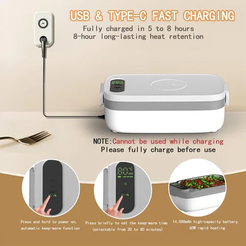 Vista 6 de Fiambera eléctrica portátil sin cables para hombres, fiambrera con calefacción, calentador de alimentos recargable con batería de 14000 mAh