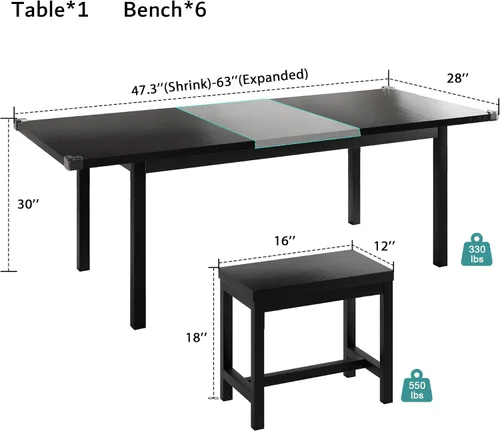 Vista 2 de iPormis Juego de mesa de comedor extensible de 7 piezas con 6 taburetes, juego de mesa de cocina de 63 pulgadas para 4 a 8 personas, mesa de comedor