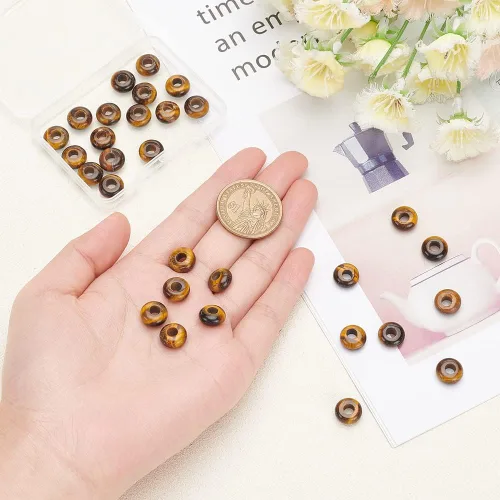 Vista 3 de NBEADS 30 cuentas europeas de piedras preciosas de 0.394 pulgadas, piedra natural de ojo de tigre, cuentas de agujero grande, cuentas de rasta