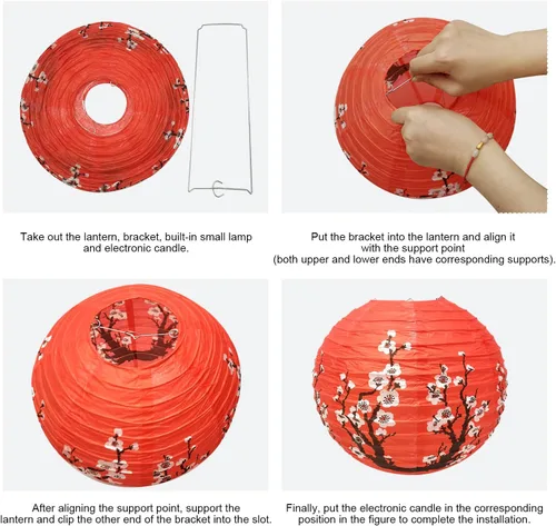 Vista 3 de Hoypeyfiy Paquete de 10 linternas de papel de flor de cerezo, 12 pulgadas, linternas japonesas Sakura rojas y blancas, linternas de papel redondas