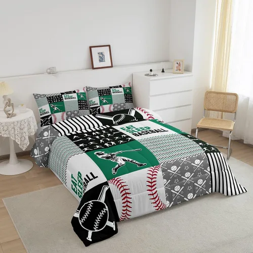 Vista 2 de Erosebridal Ropa de cama de béisbol tamaño matrimonial, juego de edredón de jugador de béisbol para adolescentes y adultos, edredón de retazos con 2