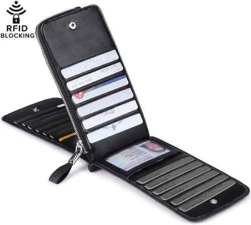 Vista 2 de Huztencor cartera de cuero con bolsillo para tarjeta de crédito bloqueo RFID, billetera, funda para tarjetas para mujer