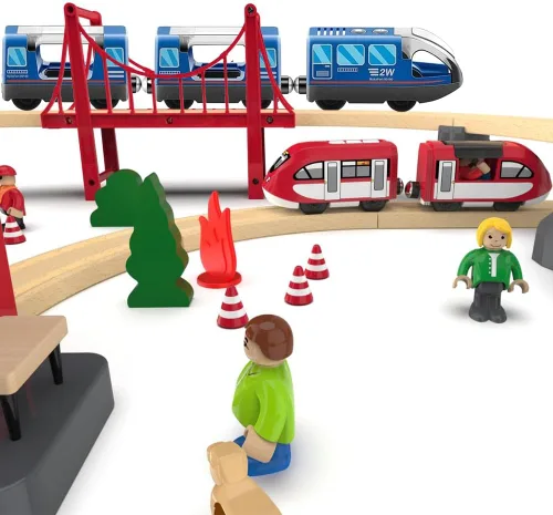 Vista 2 de Juego de pistas de tren de madera con pilas, juguete de alta velocidad para niños de 3, 4, 5 años, acoplamientos magnéticos para niños y niñas