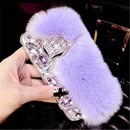 Vista 4 de Funda para Moto G Pure, funda 3D hecha a mano de lujo con cabeza de zorro esponjosa, piel de conejo con purpurina de diamante para Motorola Moto G
