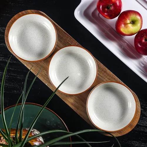 Vista 6 de Artena Juego de 6 Tazas de 177ml de Cerámica Sólida Turquesa para Chips y Dip con Bandeja de Madera de Acacia, Tazas de Servir Pequeñas de 11.4cm