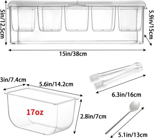 Vista 3 de MOLIGOU Servidor de condimentos refrigerado con tapa, bandeja de condimentos refrigerados con 5 compartimentos extraíbles, recipientes para servir