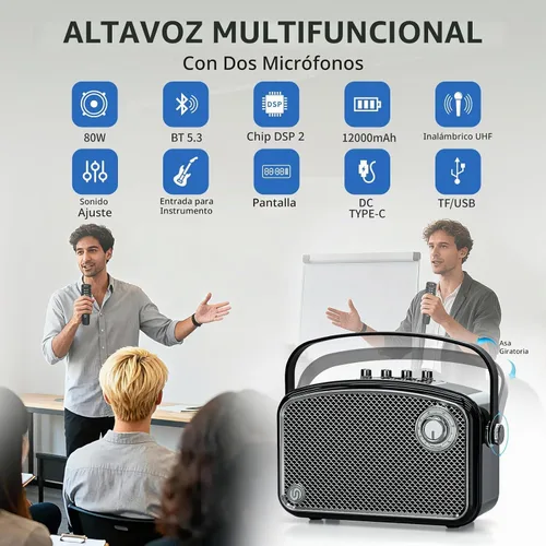 Vista 2 de Amplificador de voz potente de 120 W con 2 micrófonos UHF, altavoces Bluetooth con ajuste de graves/trable/eco, sistema de altavoces PA pequeño