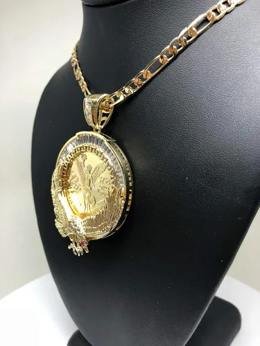 Vista 7 de Cadena chapada en oro Centenario Mexicano Moneda 50 Pesos Águila Colgante Cadena CZ Oro Cadena 26