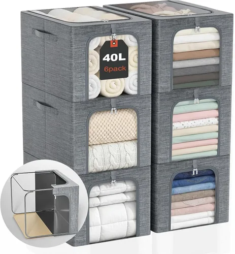 Vista 10 de GoMaihe Contenedores de almacenamiento de ropa con marco de metal, cajas de almacenamiento de suéter de 40 L para armario sobre el estante, paquete