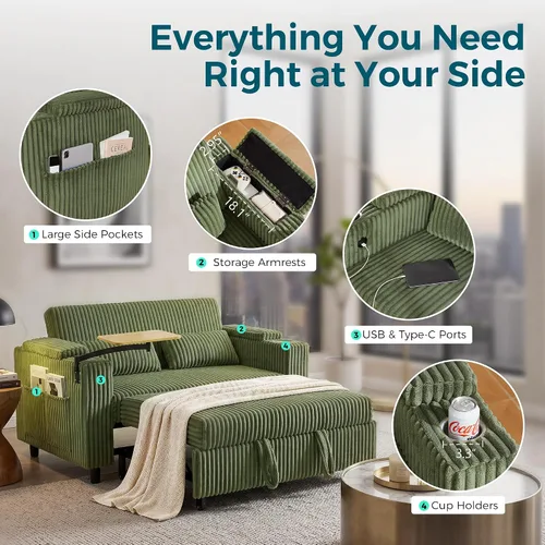 Vista 5 de LINSY HOME Sofá cama extraíble 3 en 1, sofá cama convertible de 58 pulgadas para sala de estar, mesa giratoria de 360°, reposabrazos