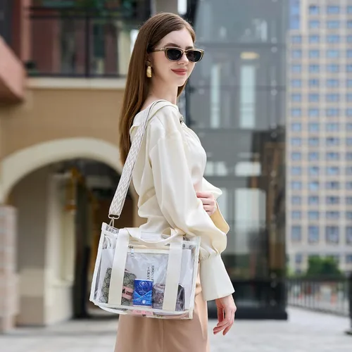 Vista 2 de Bolsa transparente UEOE para eventos en estadios, gran bolso de mano transparente con bolsa con cremallera exterior e interior para eventos