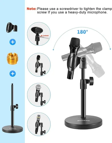 Vista 4 de BILIONE - Soporte para micrófono multifunción 3 en 1, para escritorio o mesa, ajustable, con clip de micrófono y clip para celular, adaptador
