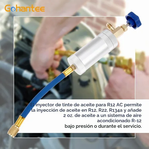 Vista 2 de gohantee Inyector de tinte de aceite de CA R12 para R134a R22 2oz A/C Herramienta de inyección de aire acondicionado hembra 1/4 "SAE x macho 1/4" SAE