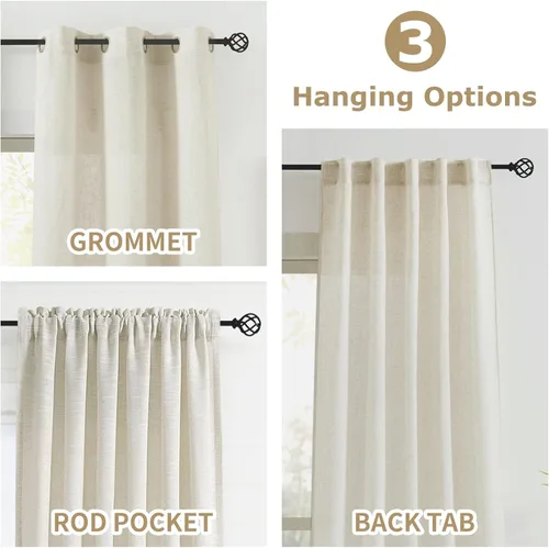 Vista 5 de Cortinas de lino natural mezclado semitransparentes con pestaña trasera para sala de estar, cortinas de lino texturizado estilo bohemio para filtrar