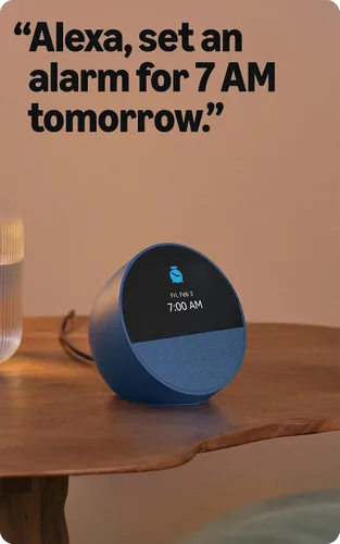 Vista 6 de Amazon Echo Spot: ideal para mesitas de noche, oficinas y cocinas, incluye despertador inteligente con Alexa (negro)