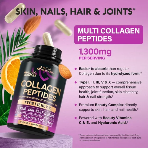 Vista 6 de Péptidos de colágeno múltiple – Tipos hidrolizados I, II, III, V y X – Suplemento de colágeno para mujeres 1300mg – con ácido hialurónico, vitaminas