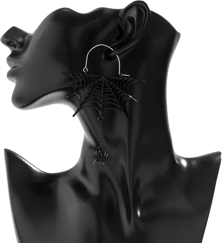 Vista 3 de FMR Aretes de telaraña de Halloween, aretes de araña, aretes colgantes de araña negra, aretes temáticos de Halloween, joyería para mujeres