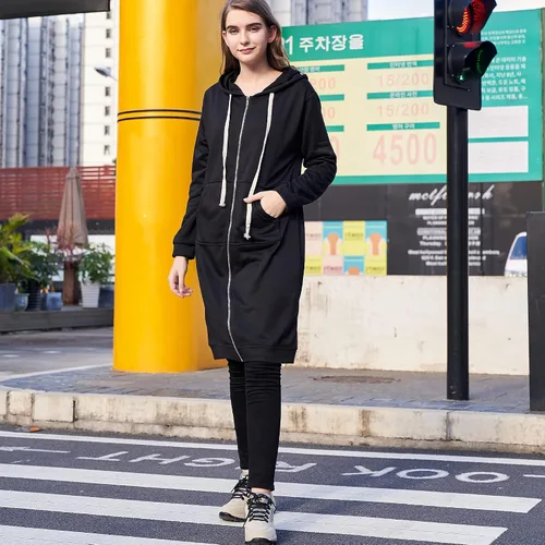 Vista 3 de Chaqueta tipo sudadera larga con cremallera y capucha, estilo casual para mujer, sudadera con bolsillos de gran tamaño y moderna