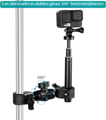 Vista 3 de Abrazadera para silla con doble abrazadera para cámara with 360° Magic Arm Double Ball Head Adapter for Umbrella, Wheelchair, Pole, Strollers