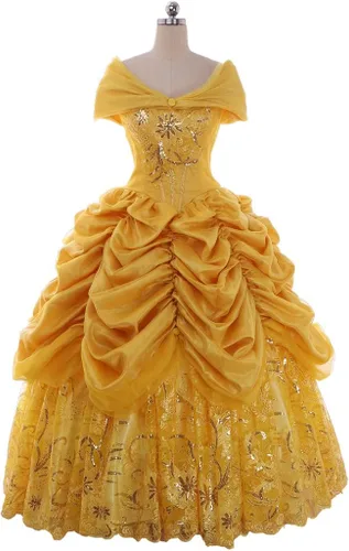 Vista 2 de Belle - Vestido de baile dorado para mujer, disfraz de princesa para adulto, Amarillo