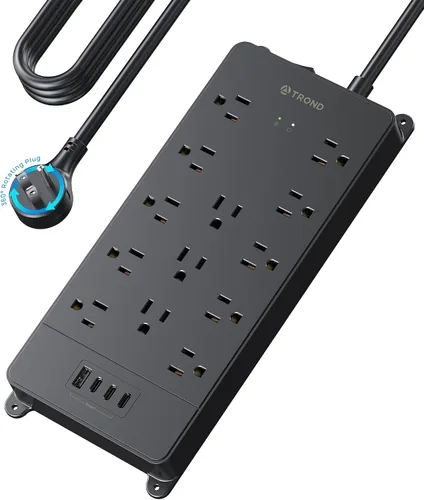 Vista 15 de TROND - Alargador de corriente con enchufe plano giratorio 360°, protector contra sobretensiones, 13 tomas amplias con 3 puertos USB C, 4000 J