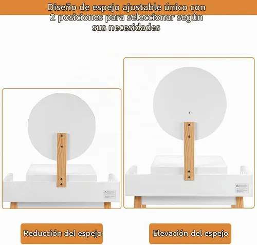 Vista 5 de GIANTEX - Juego de mesa de tocador con espejo redondo de altura ajustable, tocador con espejo de maquillaje con taburete acolchado, almacenamiento