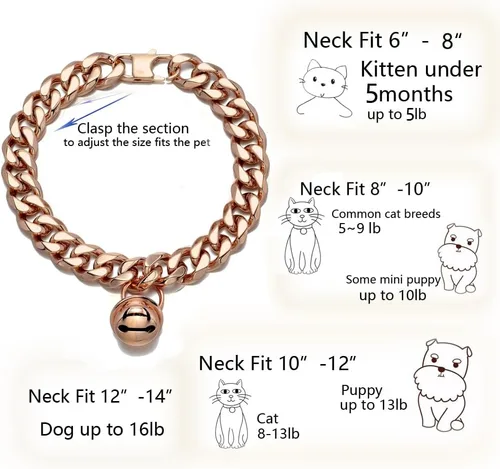 Vista 4 de Gargantilla ancha de acero inoxidable para gatos y perros y gatos, de oro rosa, ajustable, de 8 pulgadas, a prueba de mordidas, cadena de 1/2
