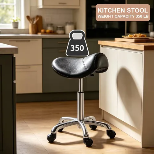 Vista 9 de Kaleurrier Taburete con ruedas para sillas de escritorio giratorias de cocina de salón Asiento de sillín; capacidad de peso de 350 libras; altura