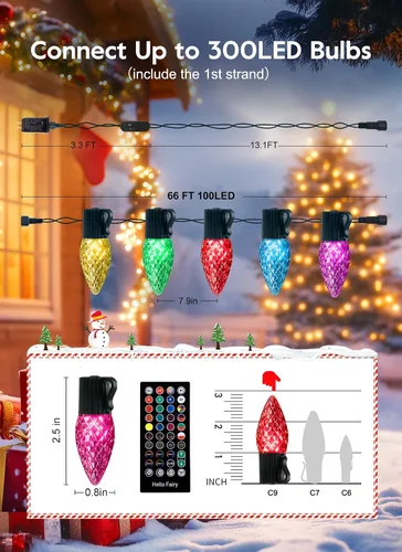Vista 6 de Brightown Luces LED de Navidad C9 para exteriores, 100 LED RGB inteligentes para árbol de Navidad, sincronización de música, control por aplicación