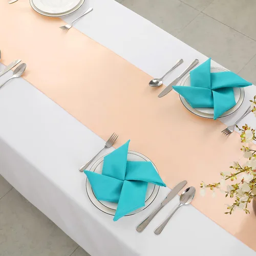 Vista 4 de Horbaunal - Juego de 12 caminos de mesa de satén color melocotón de 12 x 108 pulgadas, caminos de mesa suaves para bodas, banquetes y fiestas