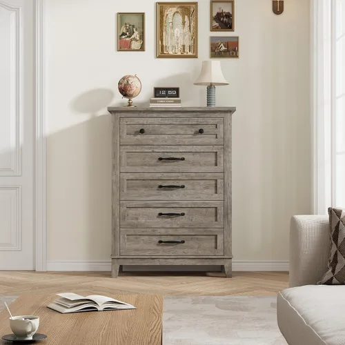 Vista 3 de GarveeHome Cómoda de 5 cajones verticales de 41.3 pulgadas de alto con gran almacenamiento, cómoda de madera independiente para dormitorio, sala