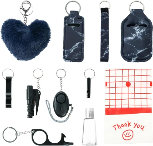 Vista 2 de Juego de 10 llaveros de accesorios para mujer con alarma de seguridad, silbato y llavero de pulsera