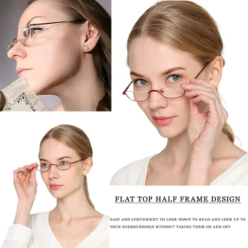 Vista 2 de Viseng Gafas de lectura de medio marco para mujer y hombre, lentes de media luna delgadas, lectores de metal con montura semi desmontable +1.0