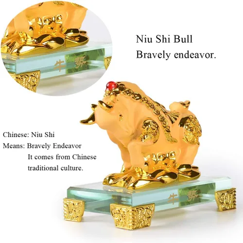 Vista 3 de BRASSTAR Estatua de Toro Feng Shui de resina esmerilada con base de vidrio Zodiaco chino Decoración de mesa de oficina en casa Figura de regalo