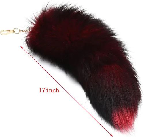 Vista 5 de Forssils Llavero de cola de zorro real, peludo y esponjoso, negro, rojo, blanco, cola de zorro, juguete de cosplay para niños (rojo vino)