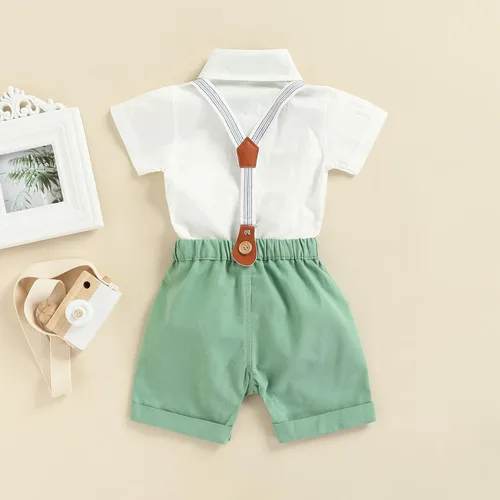 Vista 7 de Qiylii Bebé Niños Manga Corta Botones Pajarita Botones Body Camisas Tirantes Pantalones Cortos Ropa Casual Verano