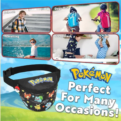 Vista 4 de Bolsa de Pokémon para niños y niñas, bolsa de viaje para la escuela, festival, ligera, ajustable, riñonera, bolsillo con cremallera, regalos