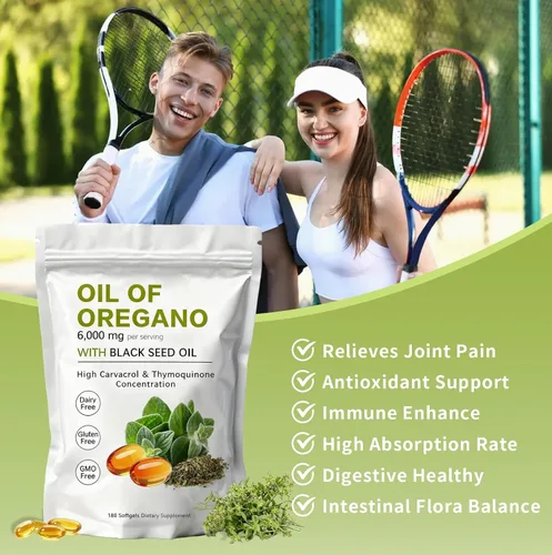 Vista 3 de Cápsulas blandas de aceite de orégano – Aceite de orégano con aceite de semilla negra de 6000 mg Aceite de orégano 2 en 1 Sin OMG – Sin gluten