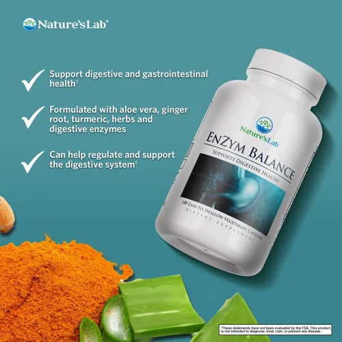 Vista 2 de Nature's Lab EnZym Balance - 16 enzimas digestivas con aloe, cúrcuma, jengibre, orégano - Alivia los gases, la hinchazón y el estreñimiento* - 180