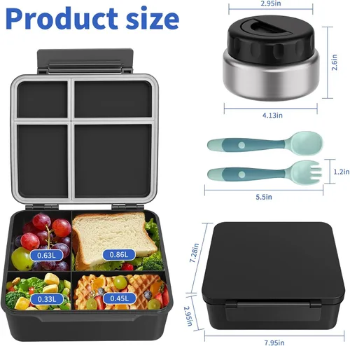 Vista 6 de Lonchera Bento para niños con contenedor térmico de alimentos (9 onzas), lonchera de 4 compartimentos, divisor ajustable, lonchera Bento a prueba
