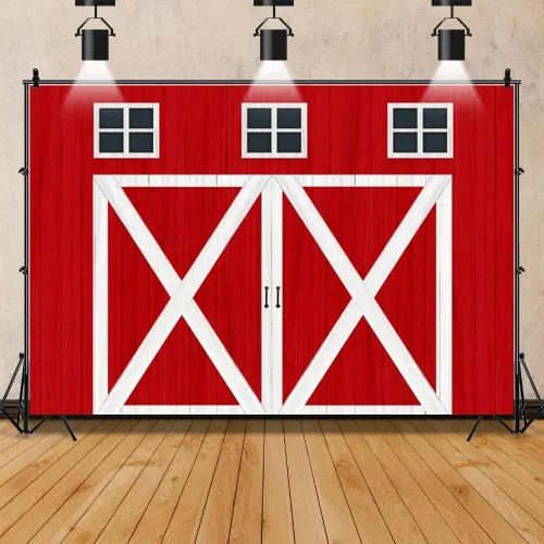 Vista 14 de Telón de fondo rojo de granero para niños, decoración de fiesta de cumpleaños, dibujos animados de animales de granja, granero, fondo de fotografía