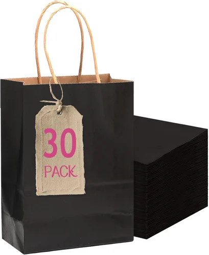 Vista 16 de qiqee Paquete de 26 bolsas de regalo negras con asas a granel de 8.3 x 3 x 6 pulgadas, bolsas de papel kraft de tamaño pequeño para fiestas