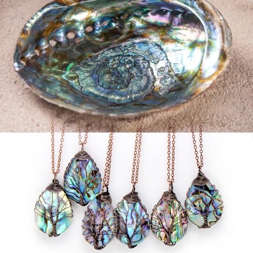 Vista 4 de Hand Wrapped Abalone Shell Tree of Life Pendant Necklace Small, Bronze Wire