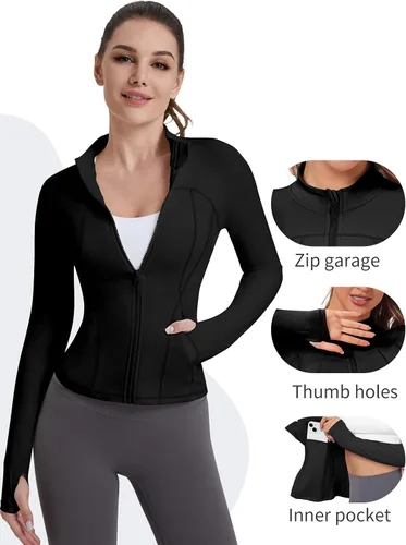 Vista 4 de VUTRU Zip UP Solid Sports Lightweight Track Workout Yoga Cropped Athletic Jacekts with Zipper Pockets