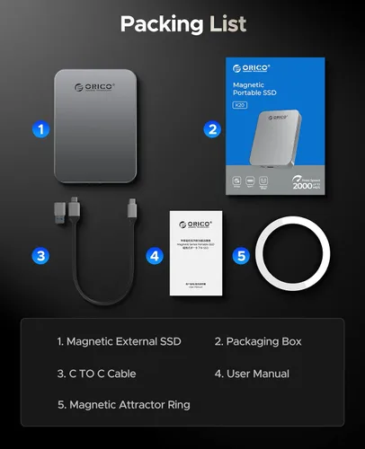 Vista 8 de ORICO 480GB SSD Magnético Portátil, Cuerpo de Metal, Grabación y Almacenamiento ProRes HDR de 4K 120 fps, Hasta 460MB/s, Cable USB C&A 2 en 1, SSD