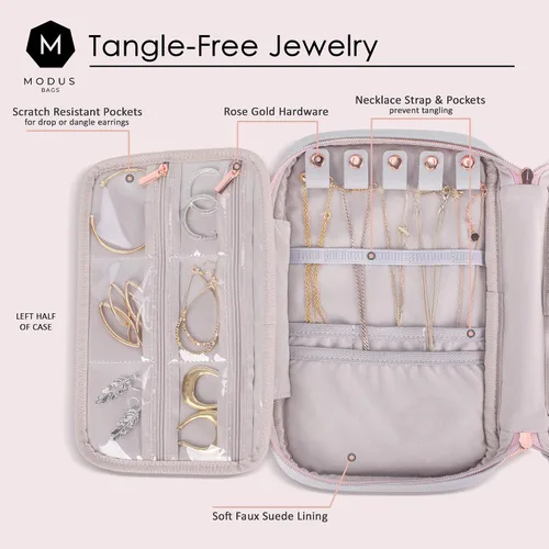 Vista 2 de MODUS BAGS Organizador de joyas de viaje, estuche de gran capacidad para aretes sin enredos, collares, almacenamiento de anillos
