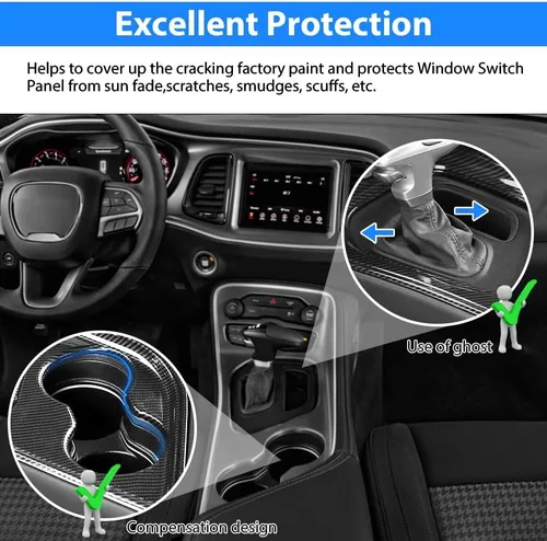 Vista 5 de Karltys Cubierta de panel de palanca de cambios para Dodge Challenger 2015-2024 2025+ + consola central de fibra de carbono, panel de palanca