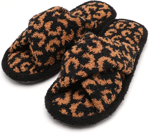 Vista 2 de MIRMARU Pantuflas de casa con estampado de animales para mujer, cómodas, mullidas, con puntera abierta, banda cruzada, para interiores y exteriores